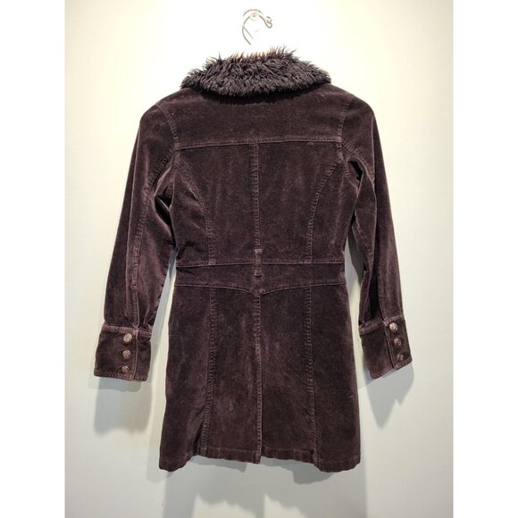 Y2K Zu Black Corduroy Mid Length Coat Faux Fur Collar Button Up Juniors L - Picture 5 of 8